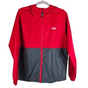 Eddie Bauer Red Gray Rip Stop Double Zip Hooded Windbreaker Jacket L 14-16